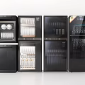 Stylish Black Kitchen Appliances with Glass Doors and Interior Dishes and Cups
