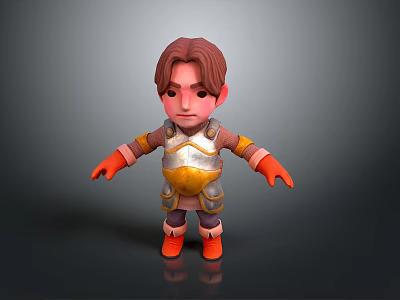 3D Cartoon Character With Silver Gold Armor Brown Hair And Orange Gloves 3d model