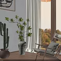 Wooden Frame Leisure Chair With Gray Cushion In Bright Indoor Setting With Green Plants