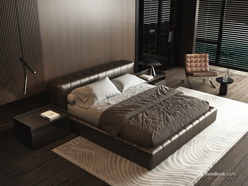 Modern Bedroom With Black Leather Double Bed Gray Comforter White Pillows Nightstand And Floor Lamp 3d model 