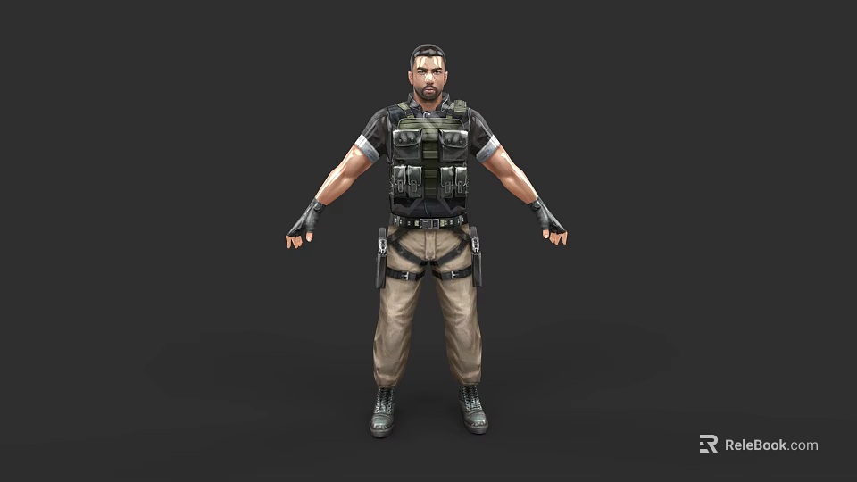 Male Game Movie Character In Tactical Gear Vest Pants And Boots Standing Pose 3d model 