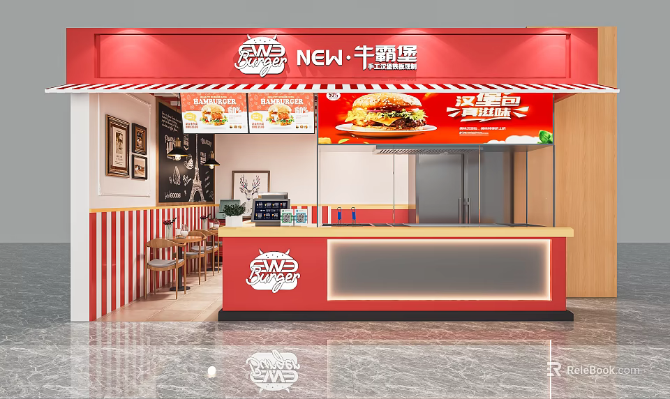 Shopping Mall Burger Shop With Red Awning Hamburger Signage Menu Display And Seating 3d model 