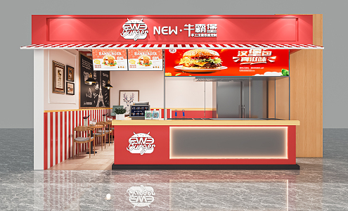 Modern snack bar, fast food bar, hamburger shop, front door, catering, snack bar, dining table and chair, cashier 3d model