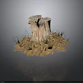 Natural Wooden Tree Stump Decor With Rocky Ground And Green Grass