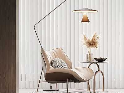 Modern Beige Accent Chair With Metal Frame And Side Table Near Floor Lamp And Blinds 3d model