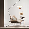 Modern Beige Accent Chair With Metal Frame And Side Table Near Floor Lamp And Blinds
