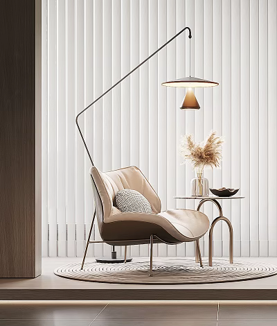 Modern Beige Accent Chair With Metal Frame And Side Table Near Floor Lamp And Blinds 3d model