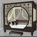 Chinese Style Wooden Double Bed With Carved Frame Canopy And Pillows In Bright Room