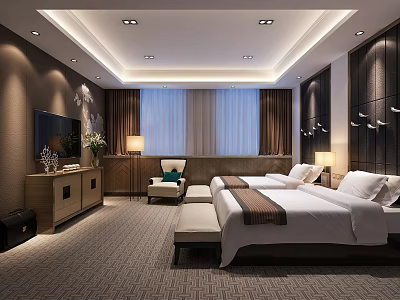 Hotel Guest Room With Two Double Beds Flat Screen TV Table Lamps And Cozy Armchair 3d model