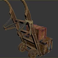 Vintage Wooden Cart With Rustic Wheels And Wooden Crate Loaded