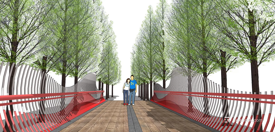 Scenic Bridge With Red Railings Wavy Design Wooden Deck And People Walking Among Trees 3d model 