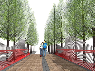 Scenic Bridge With Red Railings Wavy Design Wooden Deck And People Walking Among Trees 3d model