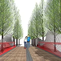 Scenic Bridge With Red Railings Wavy Design Wooden Deck And People Walking Among Trees
