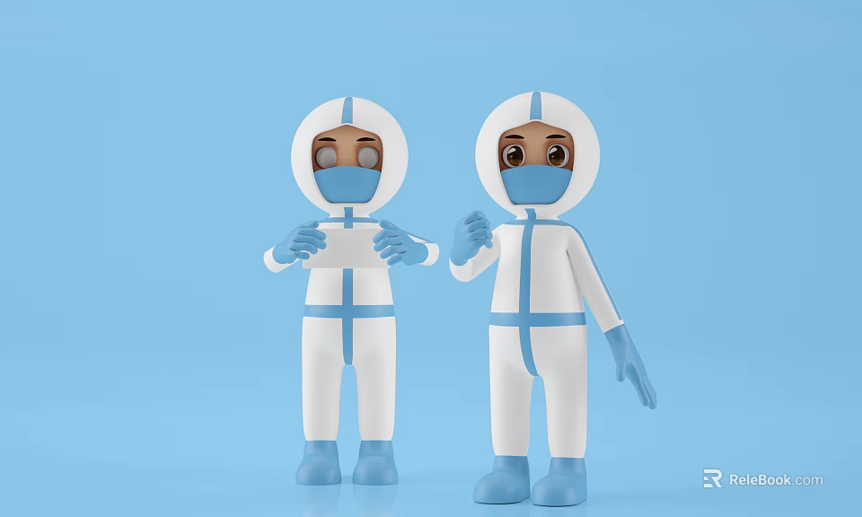 Cartoon Game Movie Characters Wearing White Protective Suits Blue Gloves And Masks 3d model 