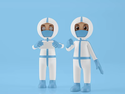 Cartoon Game Movie Characters Wearing White Protective Suits Blue Gloves And Masks 3d model