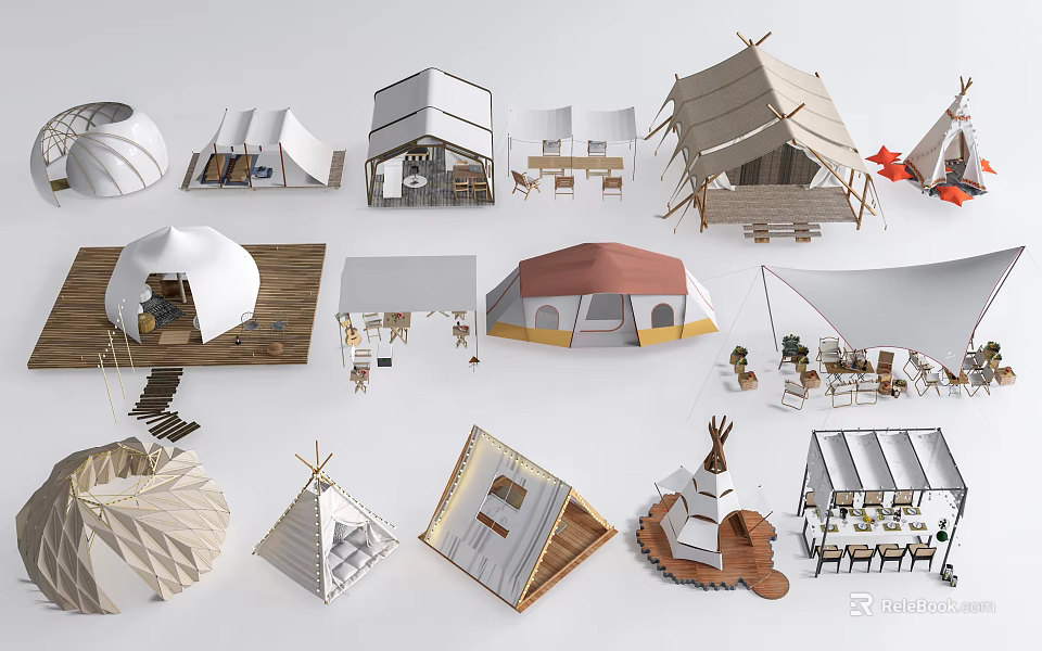 Various Types of Tents in Different Colors with Wooden Frames and Furniture 3d model 
