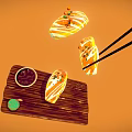 Fresh Salmon Sushi Pieces Being Held By Chopsticks With Soy Sauce Dish On Orange Background