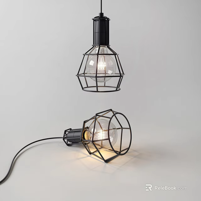 Industrial Style Pendant Lights With Black Metal Frame And Transparent Bulb 3d model 