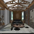 Cozy Hotel Guest Room With Wooden Ceiling Rattan Pendant Lights And Green Plants