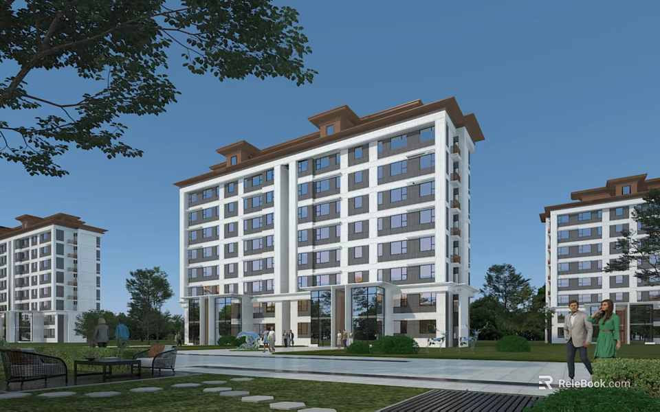 Modern Multi Story Residential Building With Green Lawn Trees And Outdoor Benches 3d model 