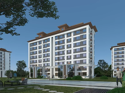 Modern Multi Story Residential Building With Green Lawn Trees And Outdoor Benches 3d model