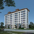 Modern Multi Story Residential Building With Green Lawn Trees And Outdoor Benches