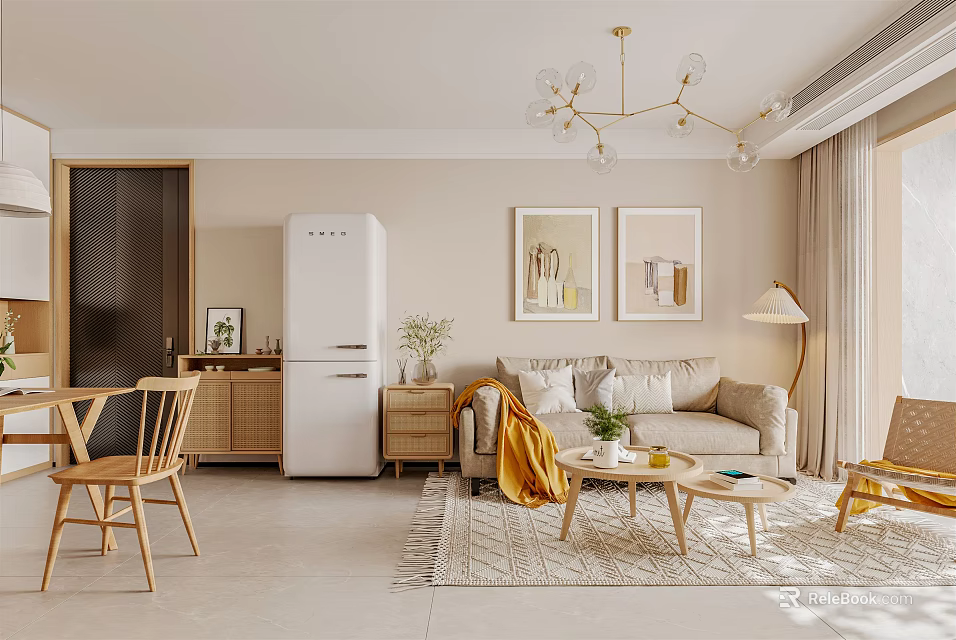 Modern Living and Dining Room Interior With Sofa Coffee Table Dining Chairs Chandelier And Rug 3d model 