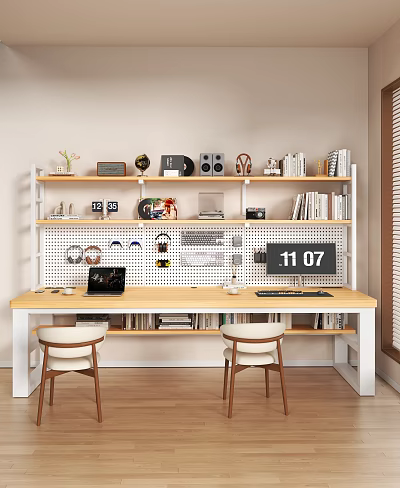 Modern Home Office Desk and Chair Set with White Shelves Books and Laptop 3d model