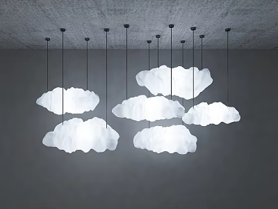 White Cloud Shaped Pendant Lights Hanging From Gray Ceiling With Black Thin Wires 3d model