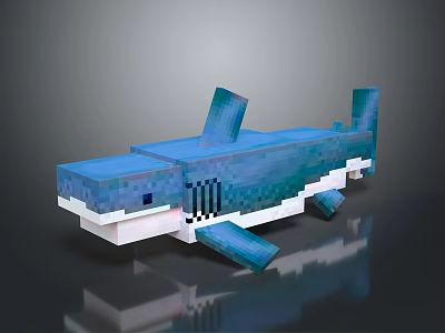 Minecraft Style Pixel Shark Game Character With Blue White Block Design And 3d model