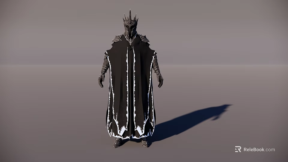 Man Wearing Spiked Crown Black Cloak With White Trimmed Edges And Metallic Armored Arms 3d model 
