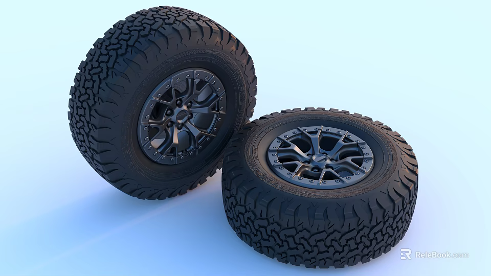 Off Road Tires Featuring Aggressive Tread Pattern And Black Alloy Rims 3d model