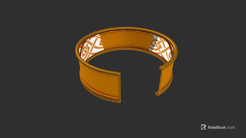 Shiny Gold Open Cuff Bracelet With Intricate Filigree Patterns Fashion Jewelry 3d model 