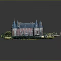 Red Brick Castle Building With Blue Roofs Towers And Green Lawn Pathways