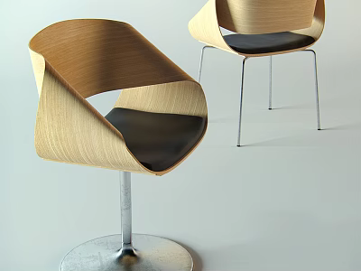 Modern Wooden Bar Stools With Curved Design Black Seat And Metal Base 3d model