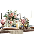 Elegant Dinnerware Set On Dining Table With Plates Utensils Flower Bouquet And Tassel Decorations