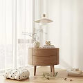 Modern Wooden Side Table with Light Wood Drawer and Vase Dried Branches in Bright Room