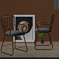 Stylish Leisure Chairs with Metal Frame Grey Cushions and Spiral Painting on Brown Wall