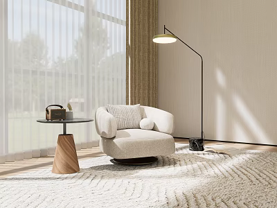 Modern Beige Armchair In Living Room With Wooden Side Table Floor Lamp And Natural Light 3d model