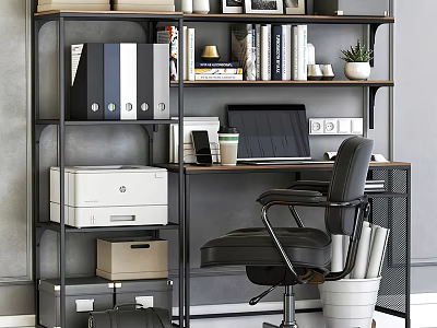 Modern Office Desk With Laptop Coffee Cup Black Chair Bookshelf Folders And Printer 3d model