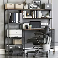 Modern Office Desk With Laptop Coffee Cup Black Chair Bookshelf Folders And Printer