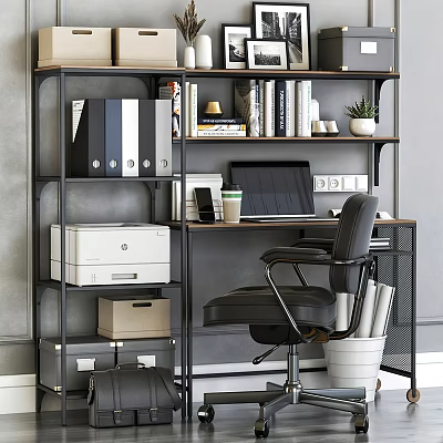 Modern Office Desk With Laptop Coffee Cup Black Chair Bookshelf Folders And Printer 3d model