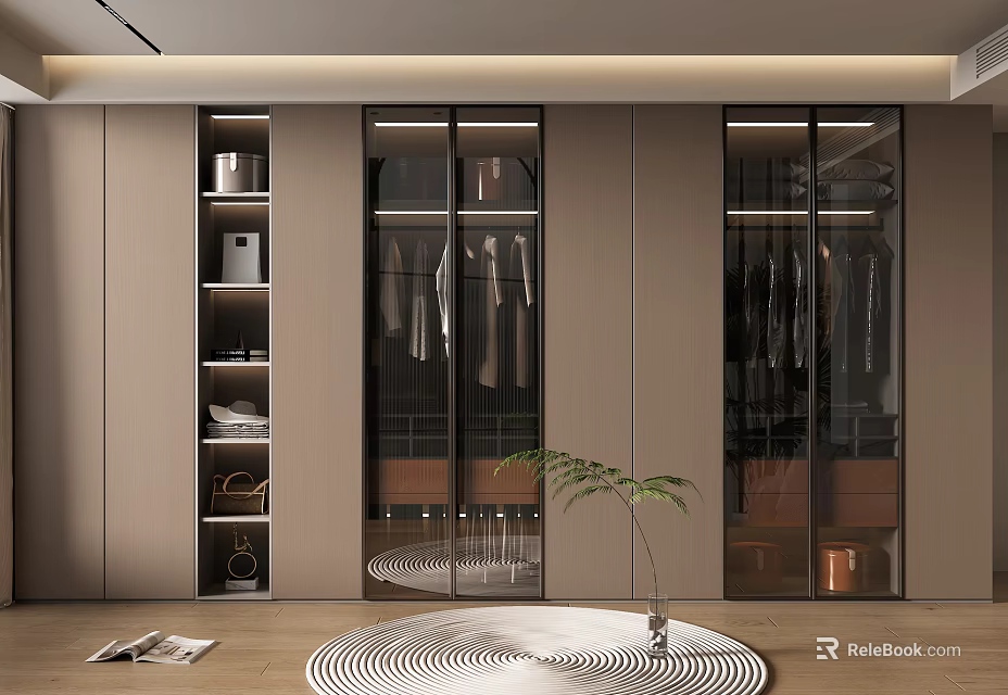 Modern Walk in Closet Interior With Glass Door Cabinets Hanging Clothes And Potted Plant 3d model 