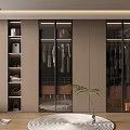 Modern Walk in Closet Interior With Glass Door Cabinets Hanging Clothes And Potted Plant