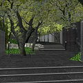 Modern Garden Landscape Design With Stone Walls Trees And Pathway Steps 3d model