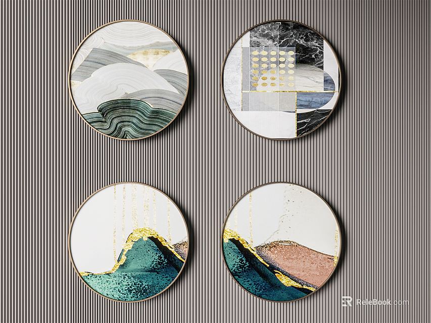 Four Round Framed Paintings With Mountain Wave Geometric Designs And Gold Accents For Wall Decor 3d model 