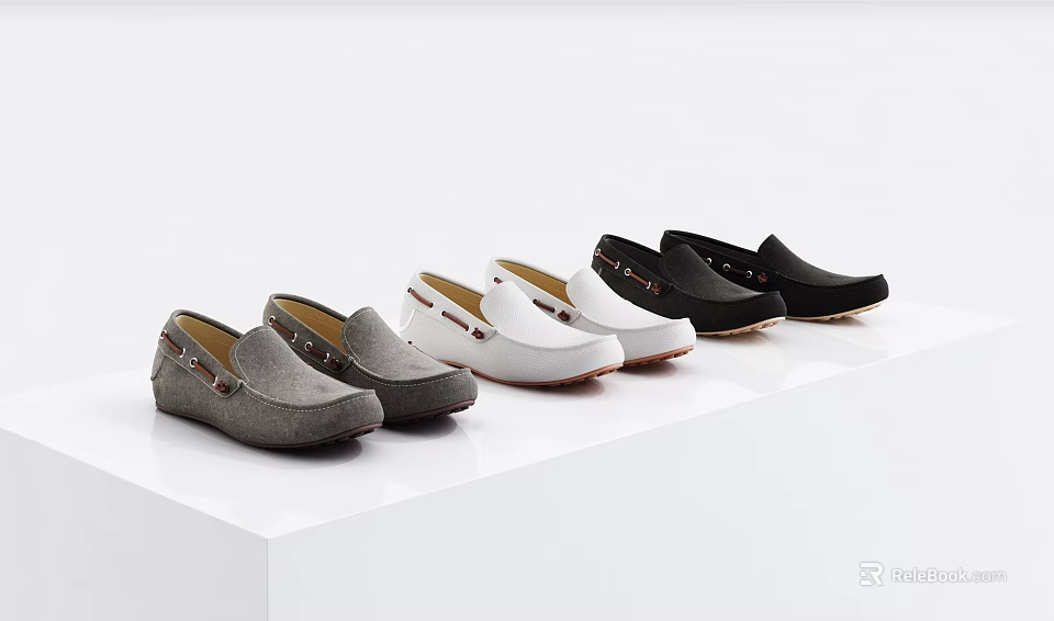 Gray White And Black Casual Loafers With Simple Design White Soles Arranged In A Row 3d model 