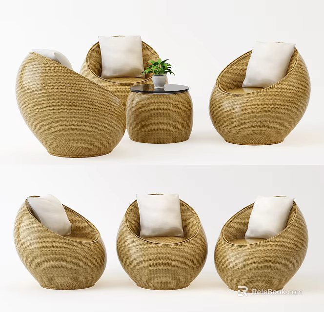 Woven Rattan Round Outdoor Sofa With White Cushions And Small Side Table 3d model 