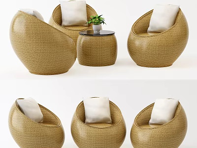 Woven Rattan Round Outdoor Sofa With White Cushions And Small Side Table 3d model