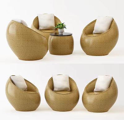Woven Rattan Round Outdoor Sofa With White Cushions And Small Side Table 3d model
